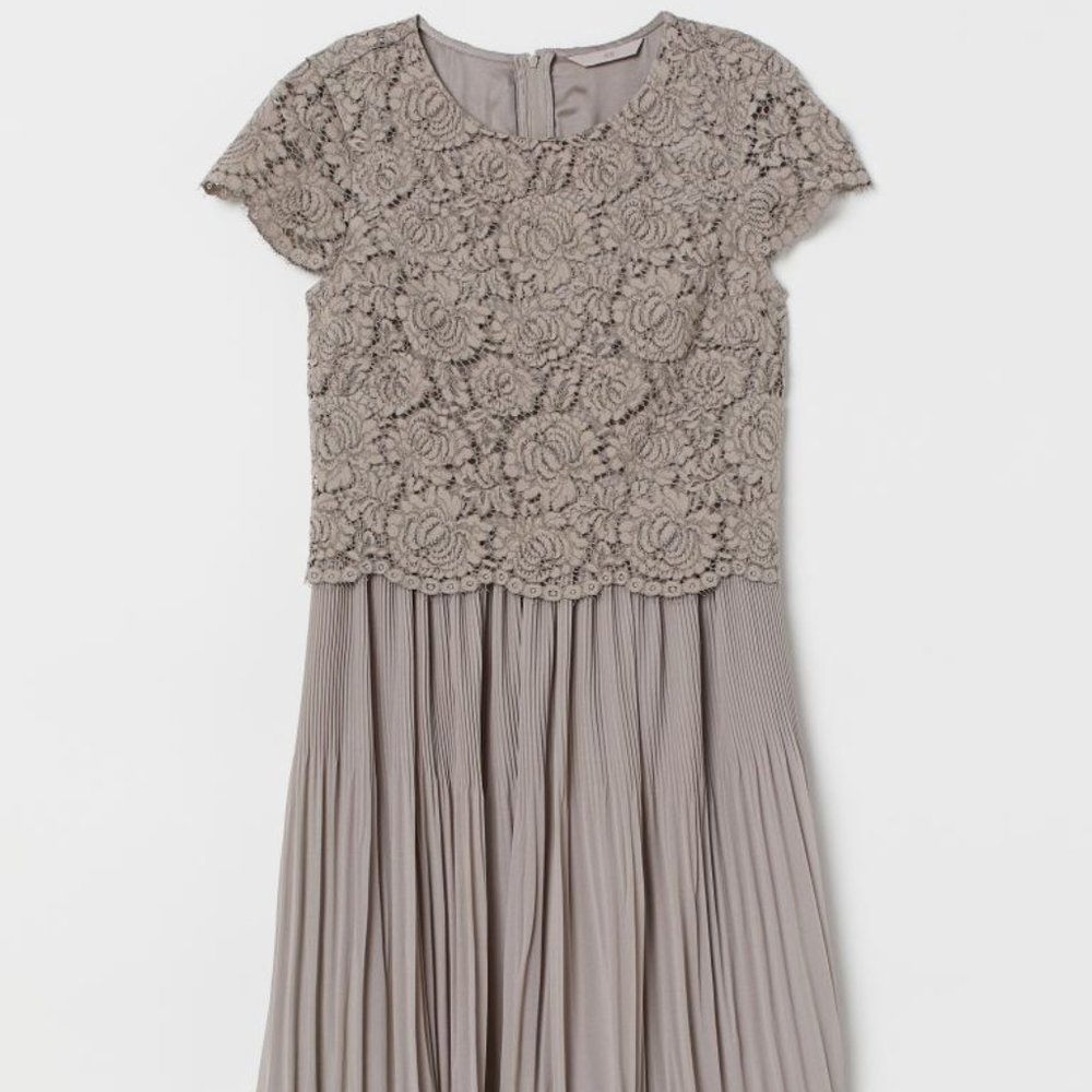 Lace Pleated Dress in Taupe